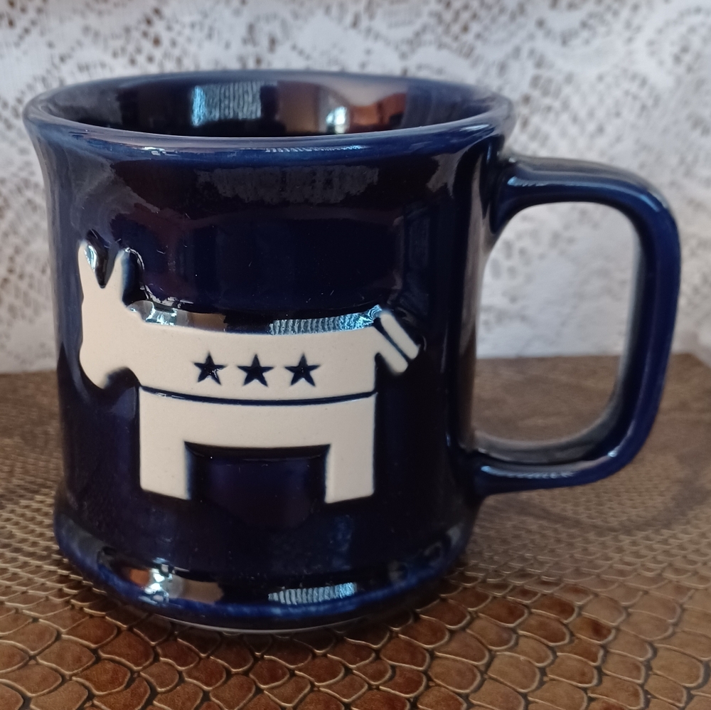 FBI POTTERY POLITICAL DONKEY DEMOCRATIC MUG COBALT BLUE MADE IN USA 12 OZ